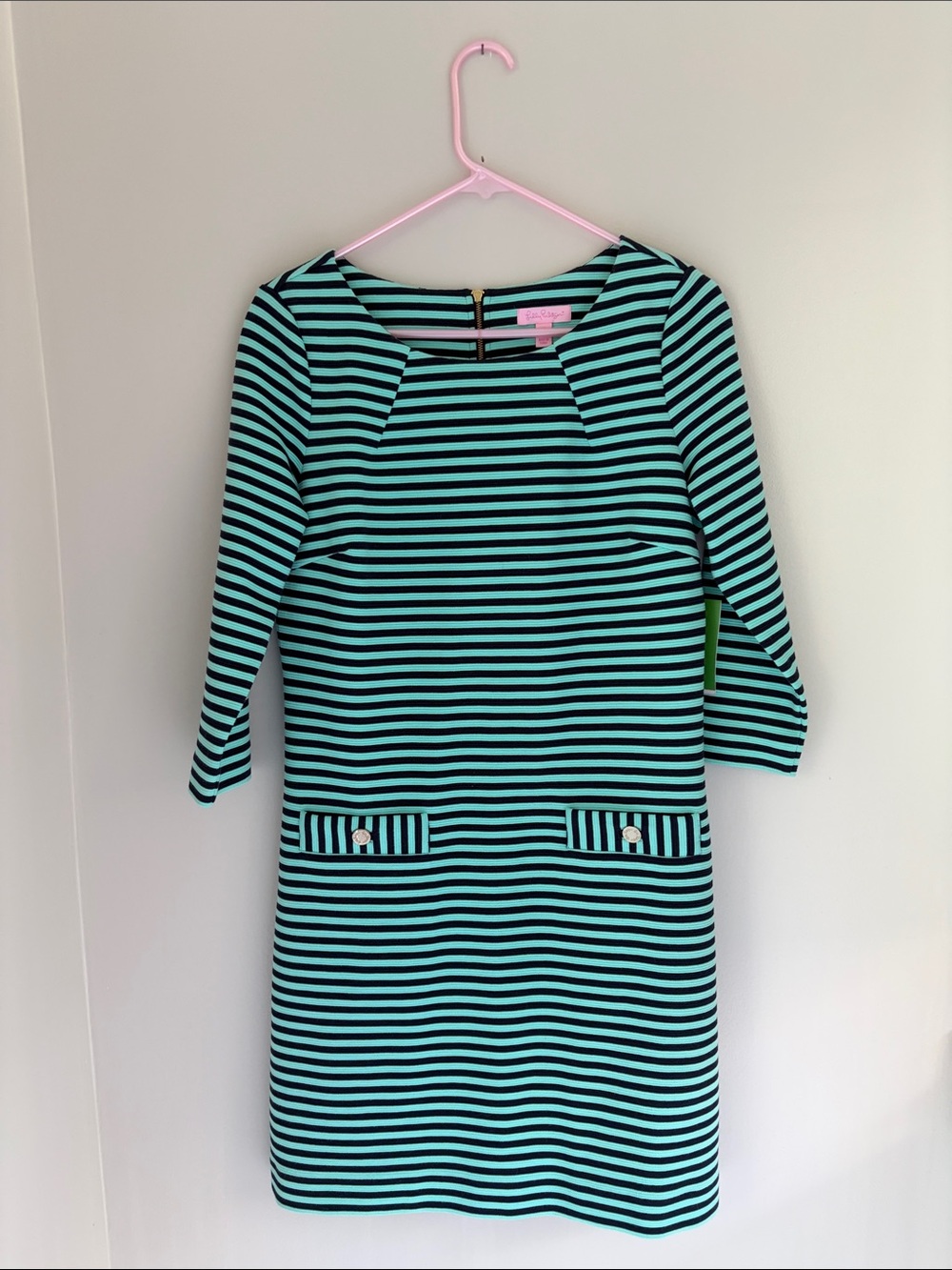 Lilly Pulitzer Black and Teal Striped Three-Quarter Sleeve Shift Dress